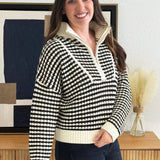 Quarter Zip Open Knit Striped Sweater