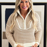 Quarter Zip Open Knit Striped Sweater