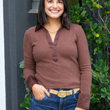 Collared V Neck Long Sleeve Top