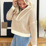 Quarter Zip Open Knit Striped Sweater