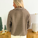 Turtle Neck Stripe Knit Bubble Hem Half Zip Sweatshirt