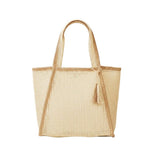 Two Tone Woven Straw Tote Bag With Tassel