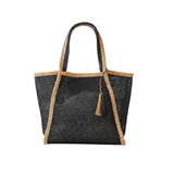 Two Tone Woven Straw Tote Bag With Tassel
