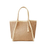 Two Tone Woven Straw Tote Bag With Tassel