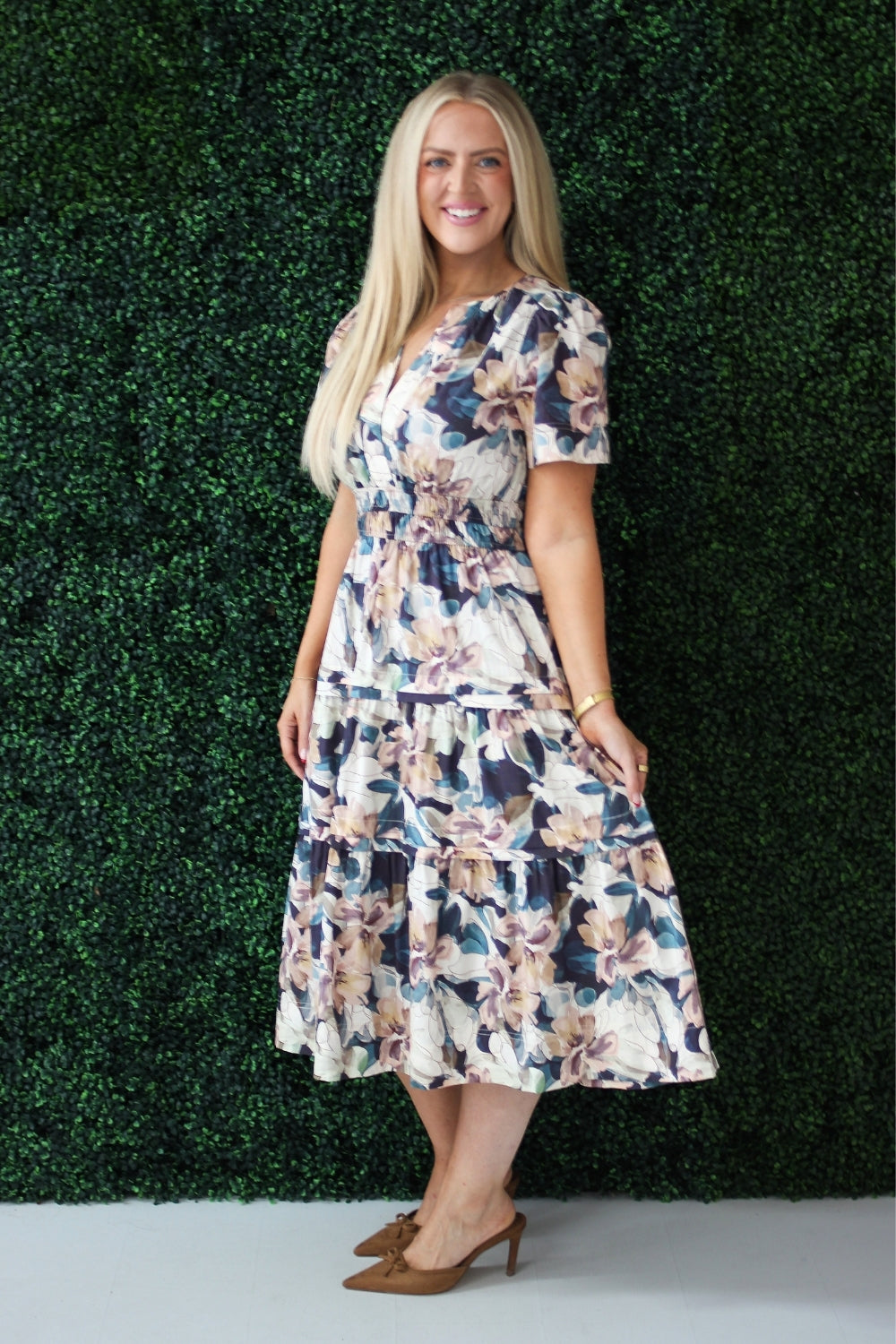 Floral Pintuck Pleat Midi Dress
