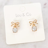 Metal Bow Earrings with Glass Stone Dangle