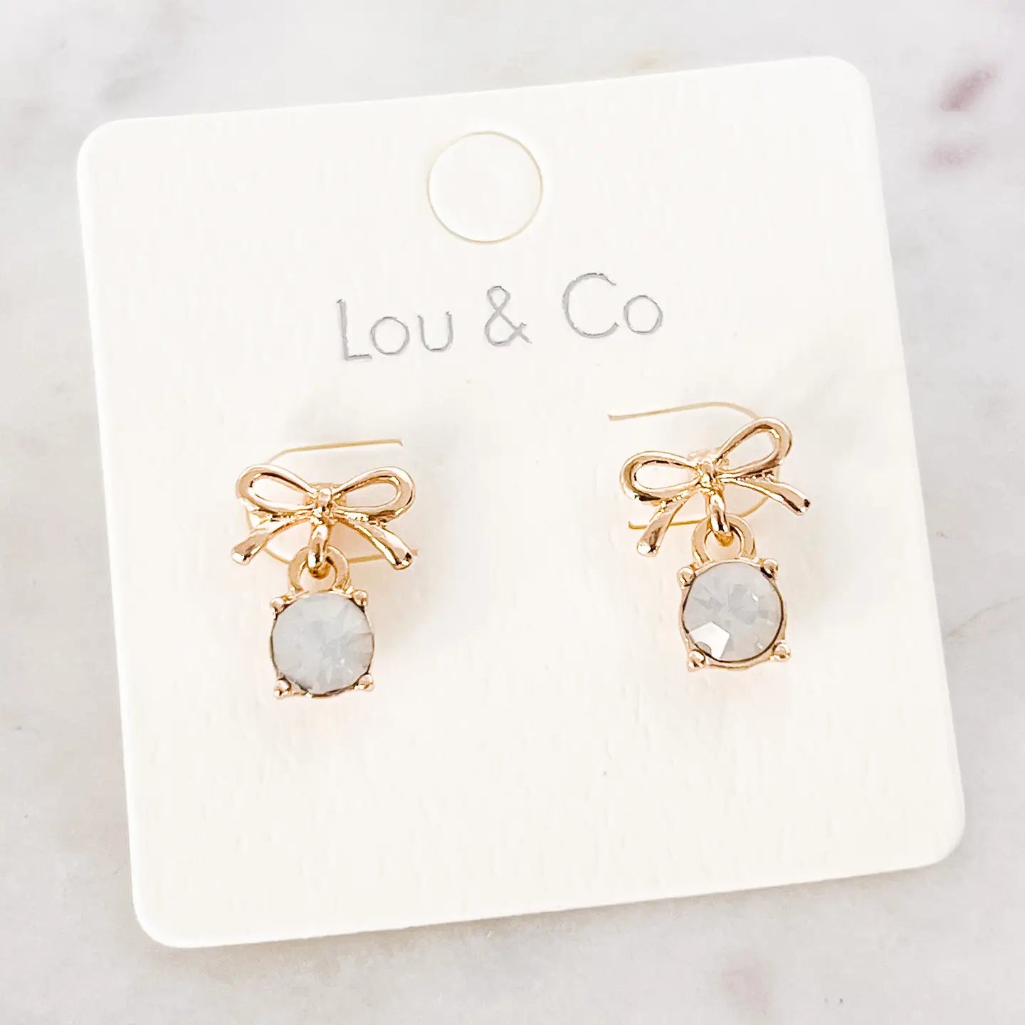 Metal Bow Earrings with Glass Stone Dangle