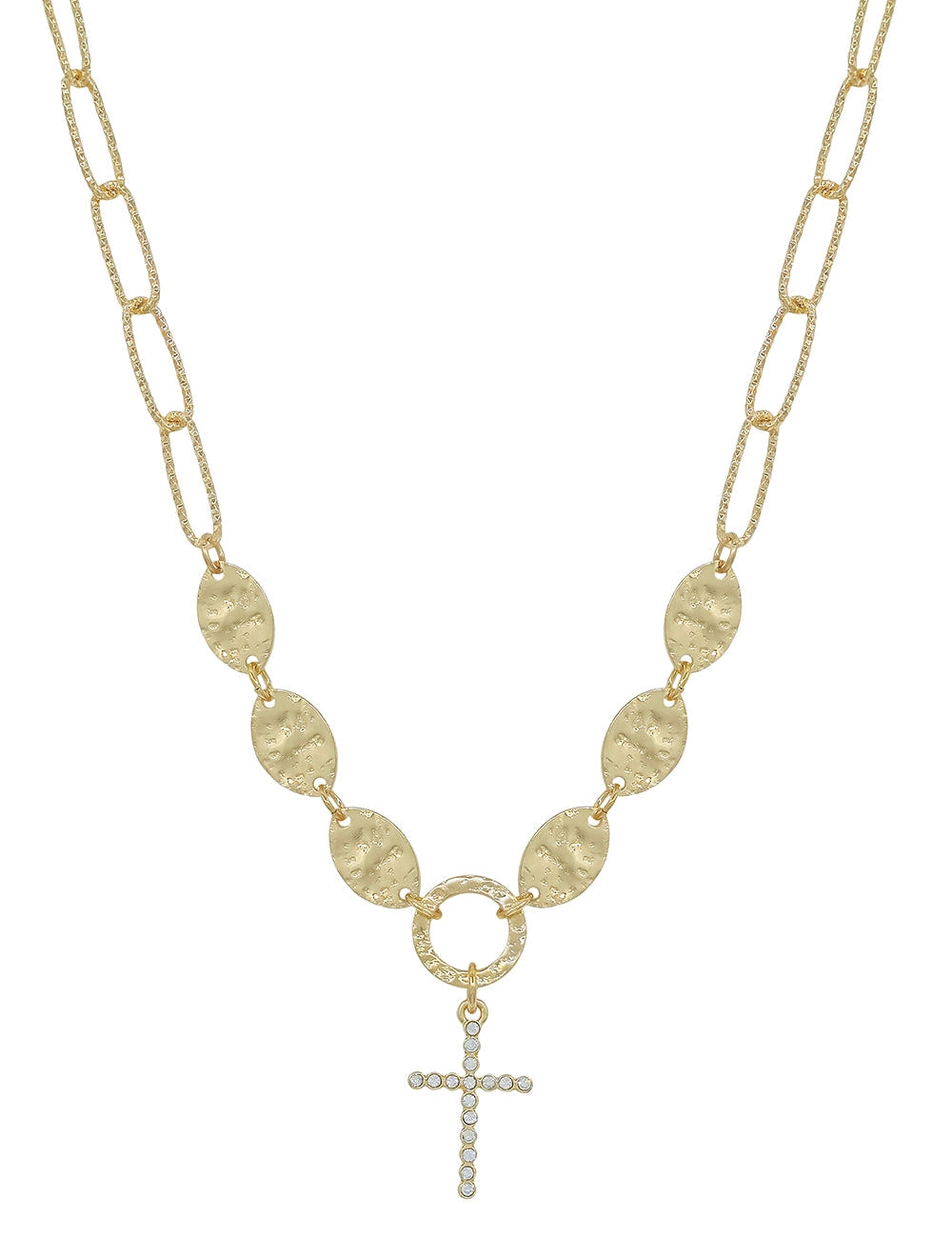 Chain with Hammered Circles and Rhinestone Cross Necklace