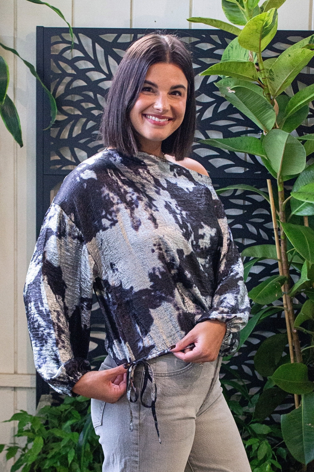 Long Sleeve One Shoulder Woven Top w/ Ties