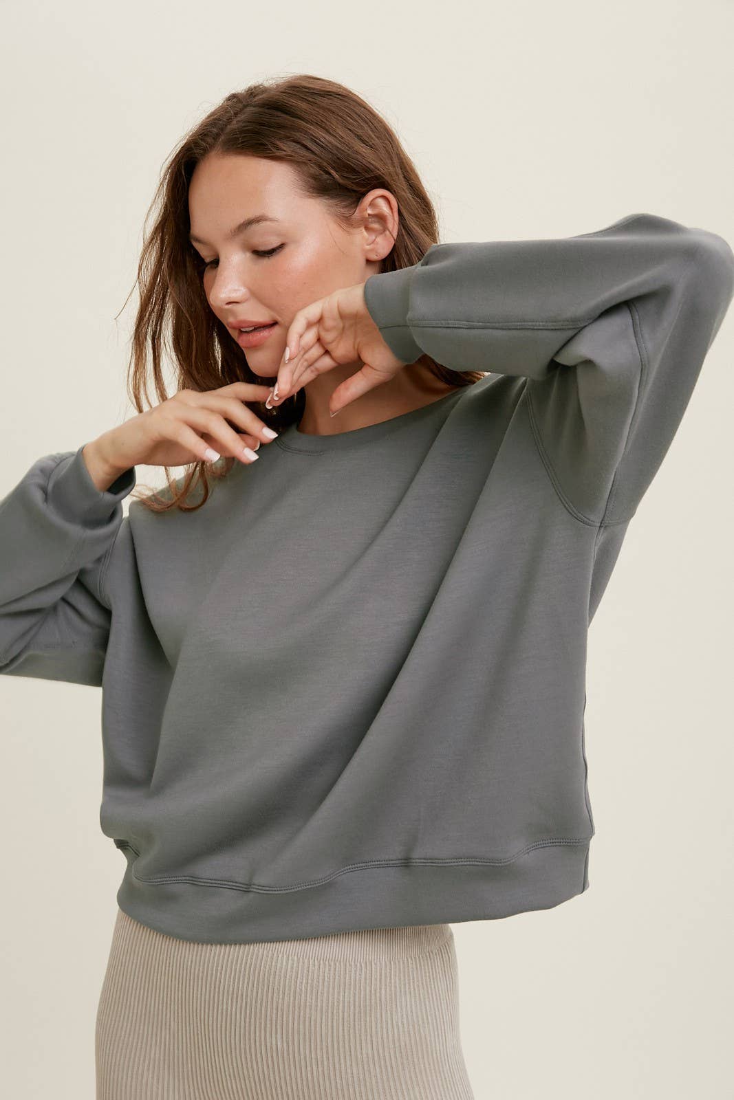 Solid Dolman Crew Neck Pullover