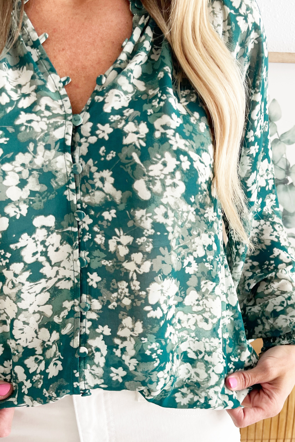Floral Open Neck Button Blouse