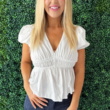 V-Neck Puff Sleeve Peplum Blouse