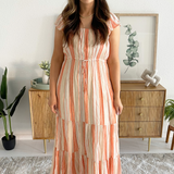 Flutter Sleeve Woven Maxi Dress w/ Cinched Waist