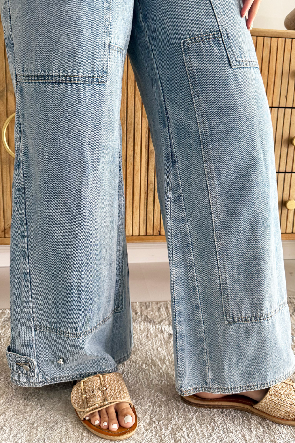 Belted Patch Pocket Wide Leg Jeans