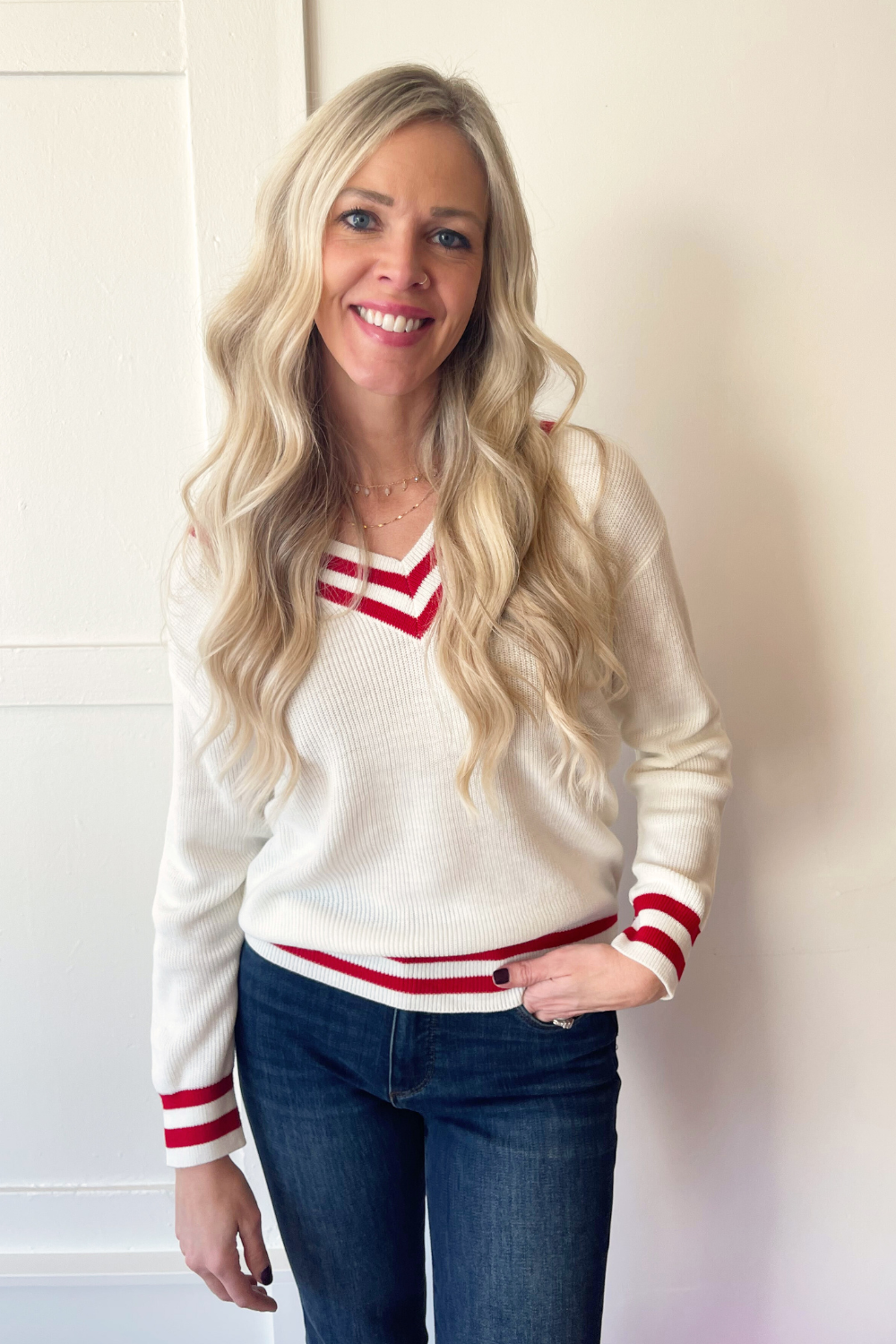 Knit Stripe Detailing V-Neck Sweater