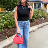 Mock Neck Faux Leather Ruffle Tank Top