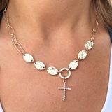 Chain with Hammered Circles and Rhinestone Cross Necklace