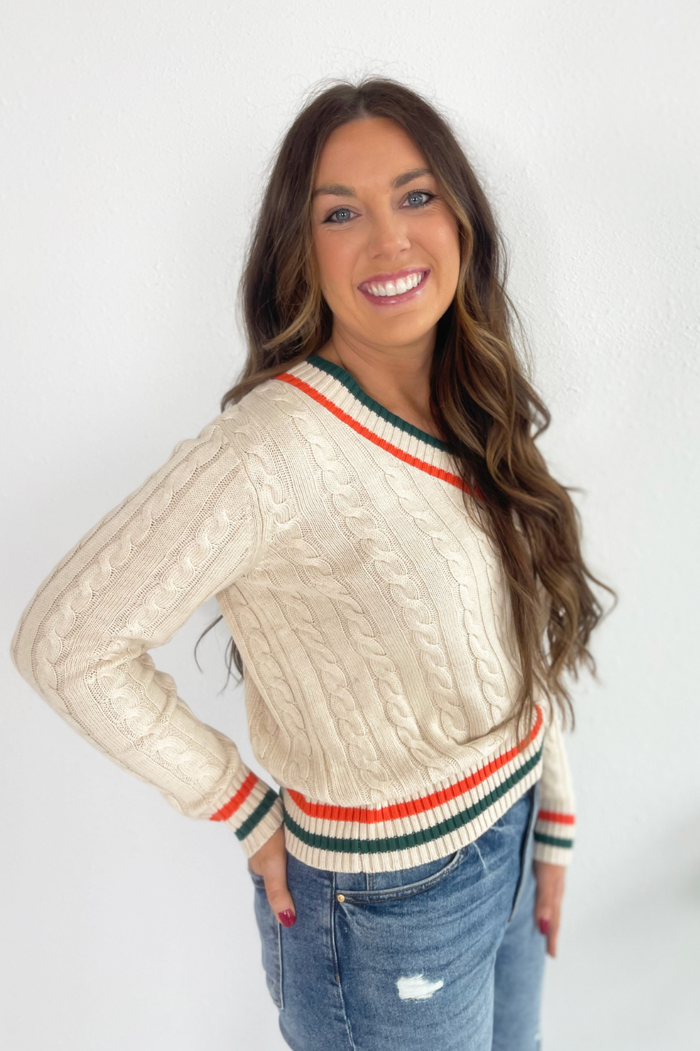 Stripe Detail Cable Knit V-Neck Sweater
