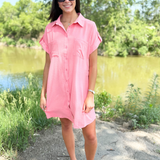 Drop Shoulder Button Up Woven Shirt Dress