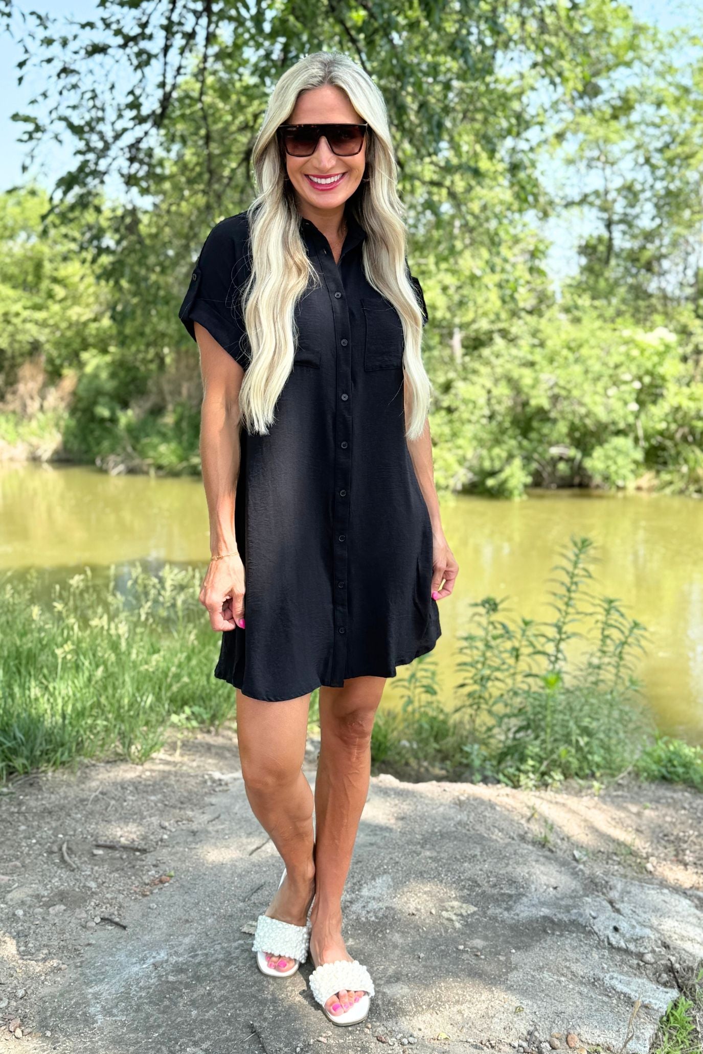 Drop Shoulder Button Up Woven Shirt Dress