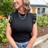 Mock Neck Faux Leather Ruffle Tank Top