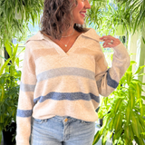 Striped Ribbed Wide Collar with V Slit Sweater