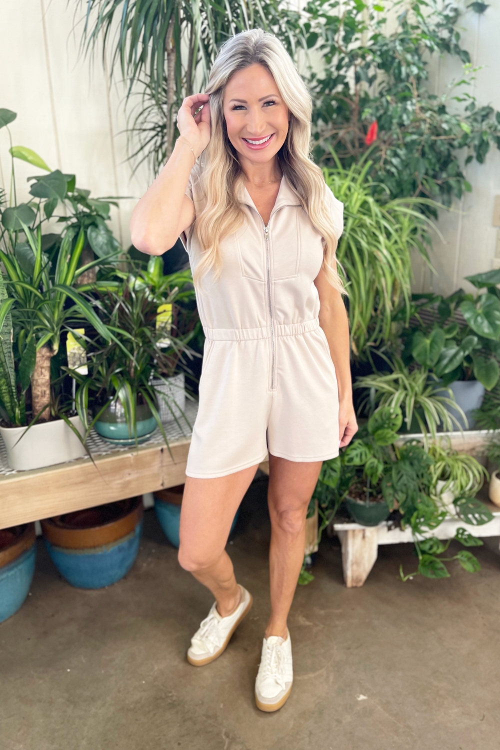 Drop Shoulder Front Zip Knit Romper with Side Pocket
