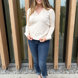 Knit Long Sleeve V Neck Collared Top