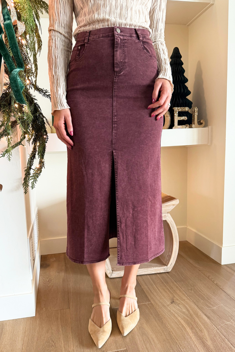 Elastic Waist Twill Maxi Skirt