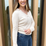 Knit Long Sleeve V Neck Collared Top