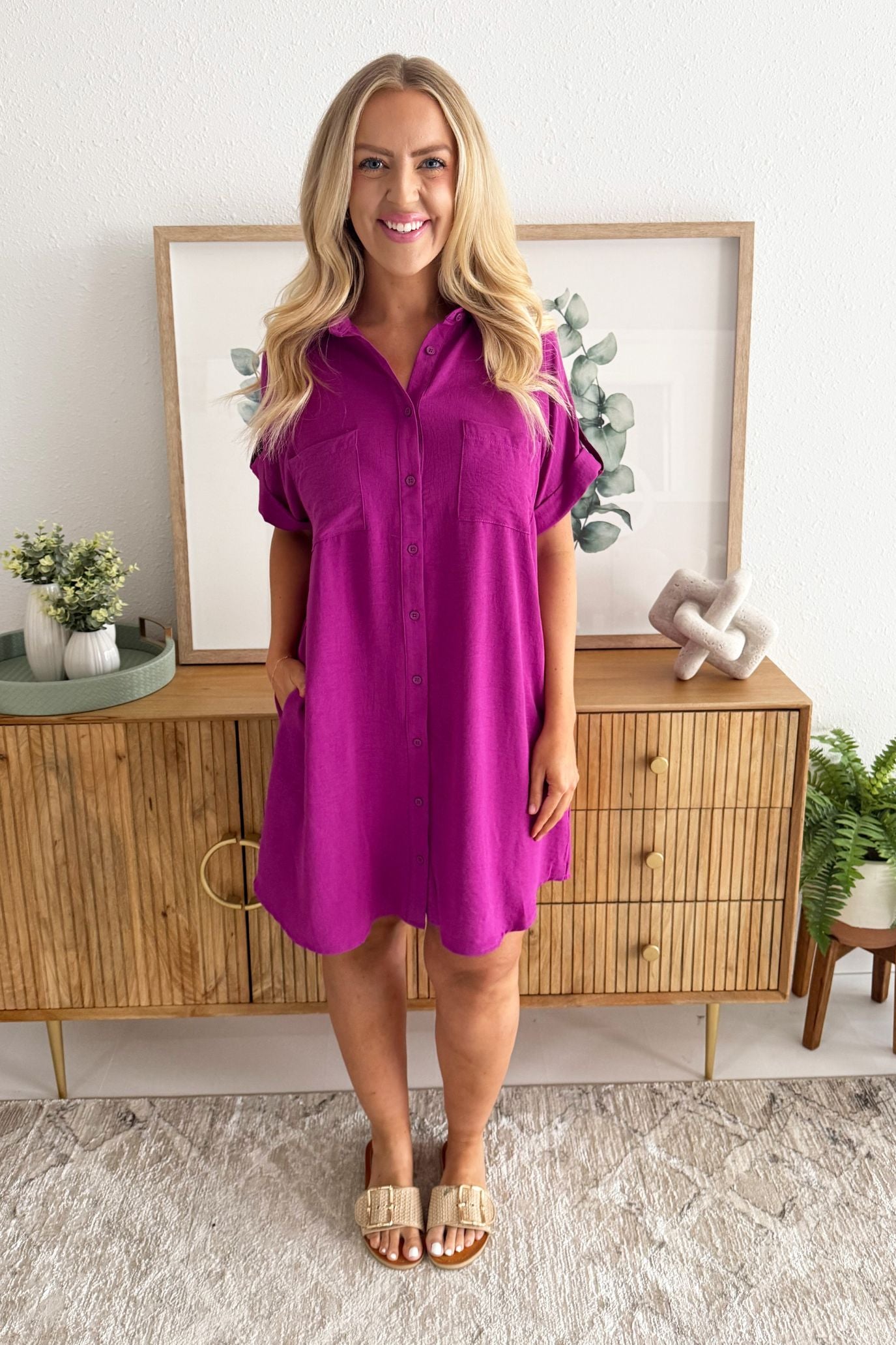Drop Shoulder Button Up Woven Shirt Dress