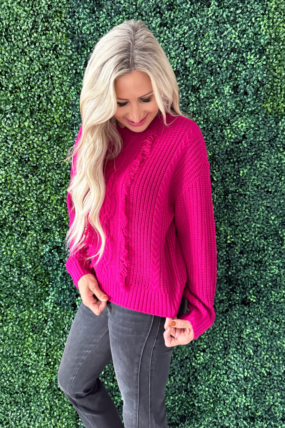 Long Sleeve Mock Neck Sweater w/ Fringe
