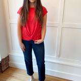 Short Sleeve Boat Neck Knot Front Knit Top