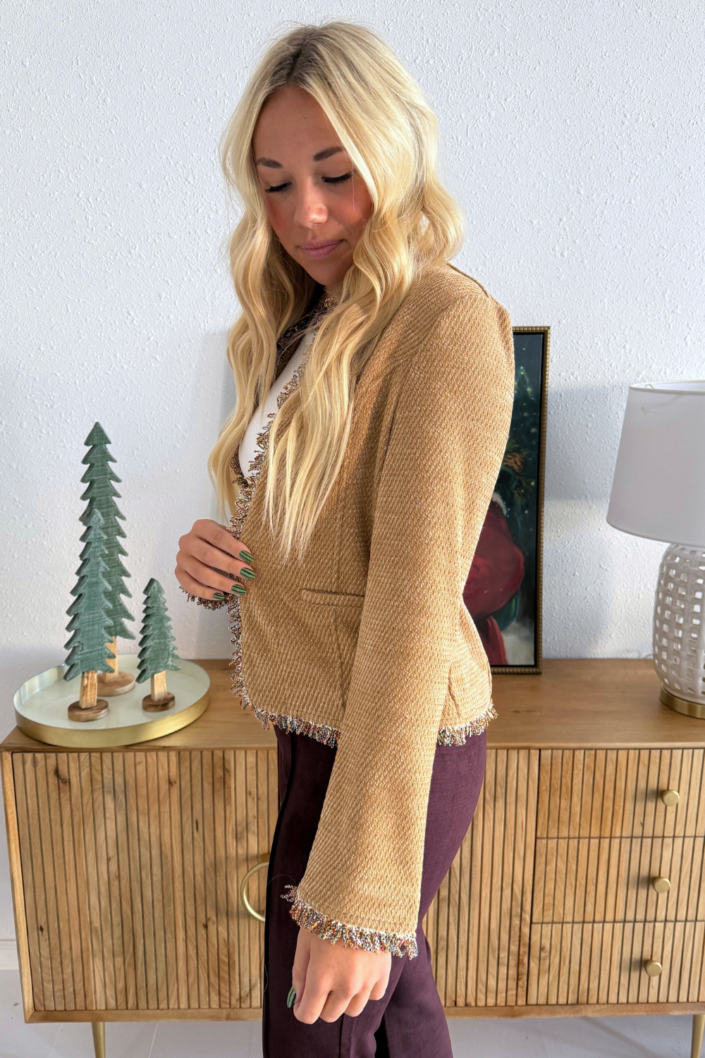 Collarless Jacket with Frayed Edges