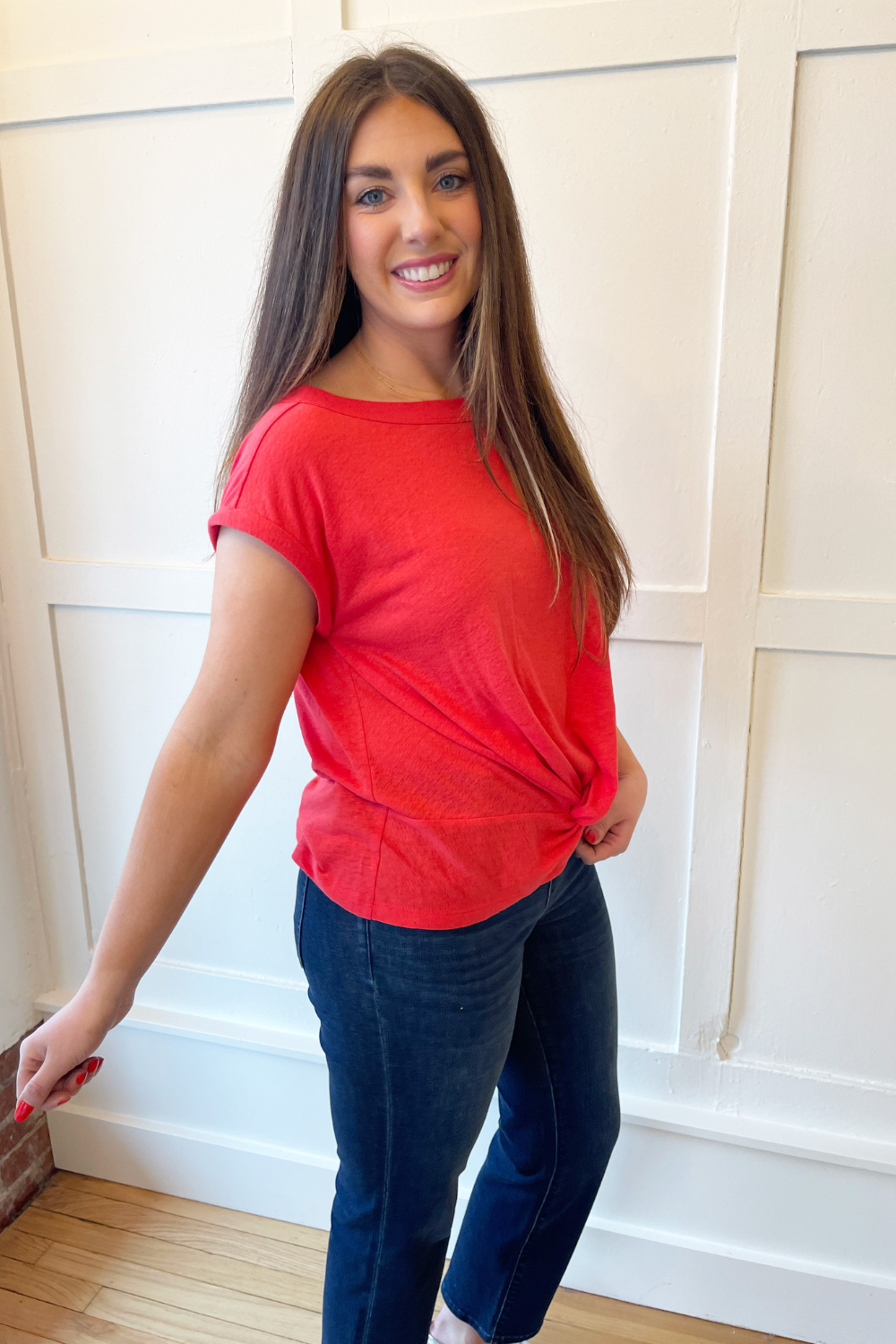 Short Sleeve Boat Neck Knot Front Knit Top