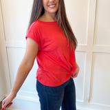Short Sleeve Boat Neck Knot Front Knit Top
