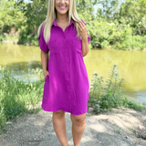Drop Shoulder Button Up Woven Shirt Dress