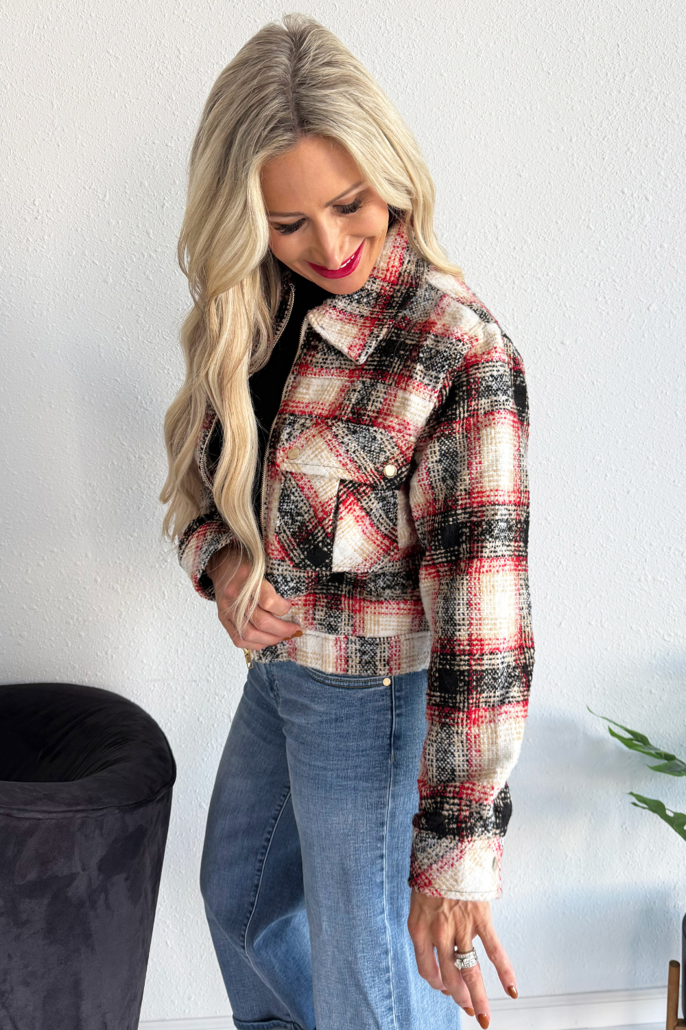 Textured Plaid Collared Jacket