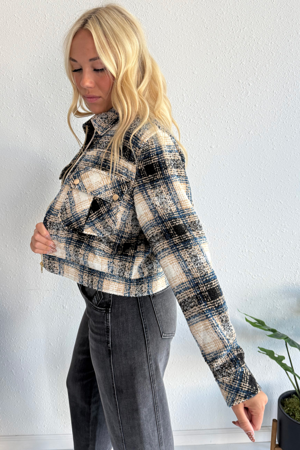 Textured Plaid Collared Jacket