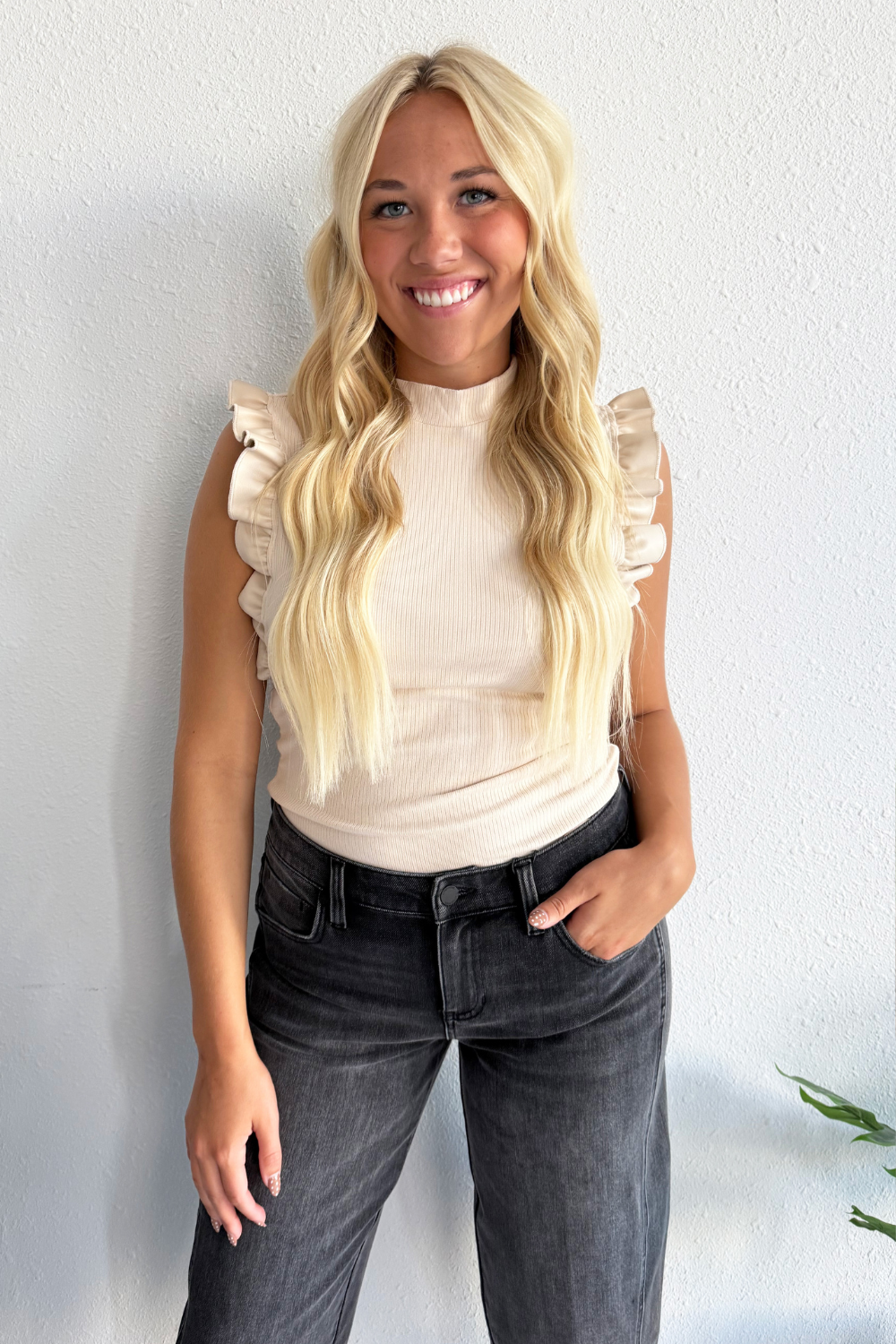 Mock Neck Faux Leather Ruffle Tank Top