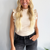 Mock Neck Faux Leather Ruffle Tank Top