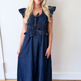 Ruffle Detail Flutter Sleeve Washed Denim Dress