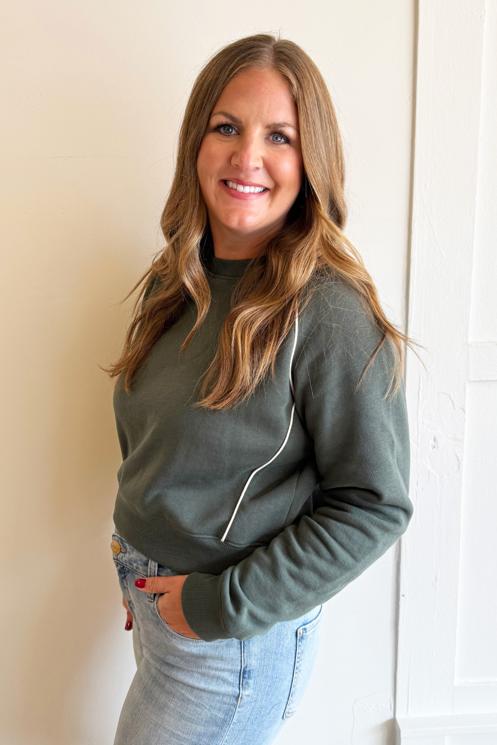 Piped Fleece Cotton Blend Crew Neck Sweater