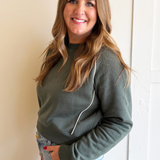 Piped Fleece Cotton Blend Crew Neck Sweater