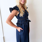 Ruffle Detail Flutter Sleeve Washed Denim Dress