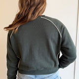 Piped Fleece Cotton Blend Crew Neck Sweater