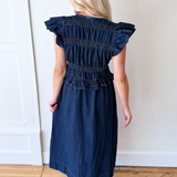 Ruffle Detail Flutter Sleeve Washed Denim Dress
