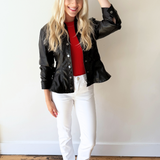 Cinched 3/4 Sleeve Detail Faux Leather Peplum Jacket