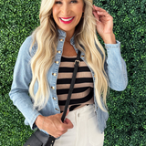 Woven Denim Jacket with Gold Button Detail