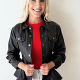 Cinched 3/4 Sleeve Detail Faux Leather Peplum Jacket